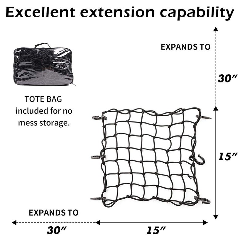JCHL 15"x15" Motorcycle Cargo Net Stretches to 30"x30" with 6 Hooks 2''x2'' Mesh for Motorcycle Motorbike Bikes - Image 2